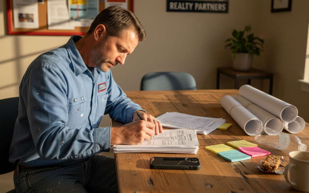 Contractor reviewing renovation paperwork in office