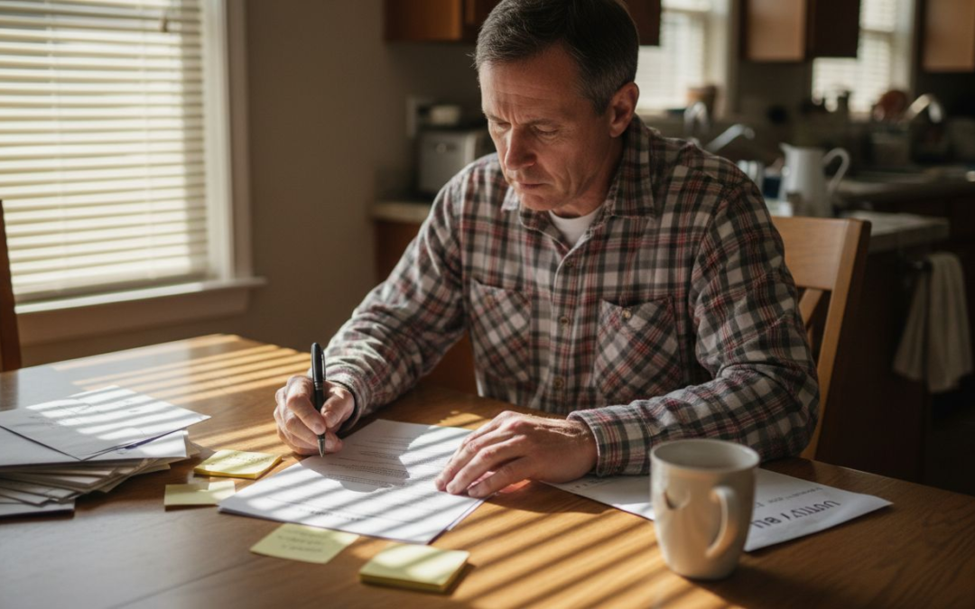 Homeowner reviewing renovation contract in kitchen