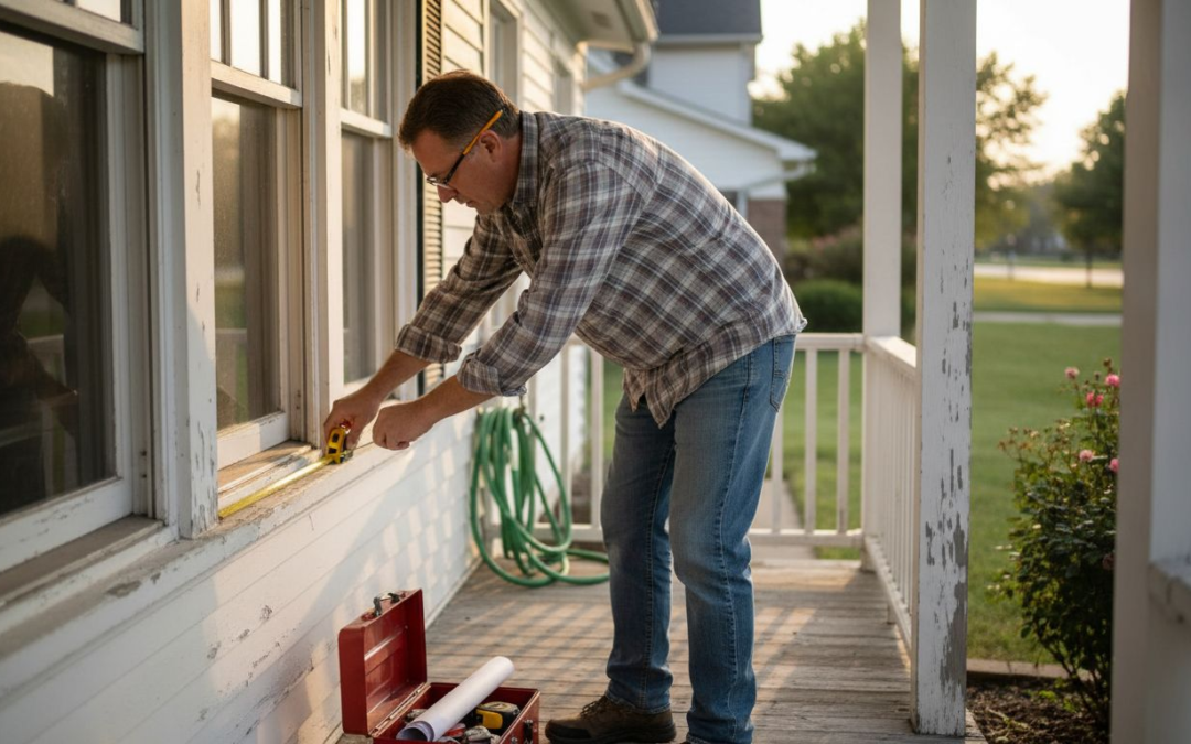 Contractor measuring window on Illinois home