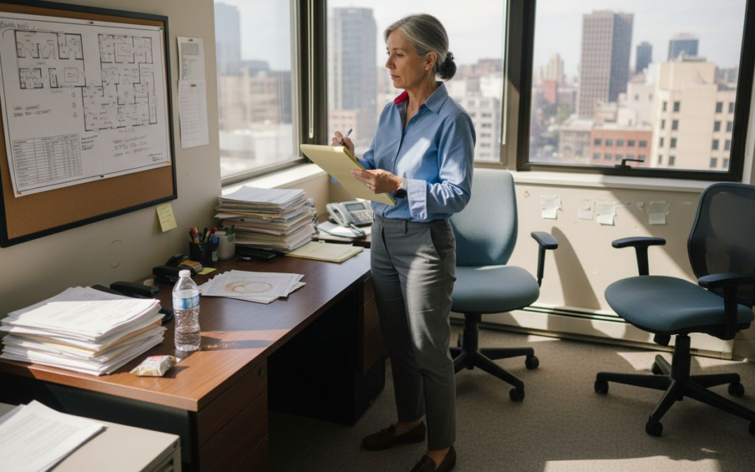 Manager assessing office for remodeling workflow