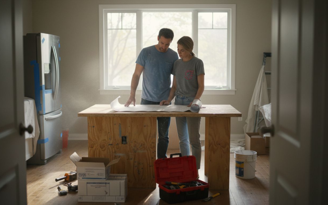 Couple reviews kitchen renovation blueprints