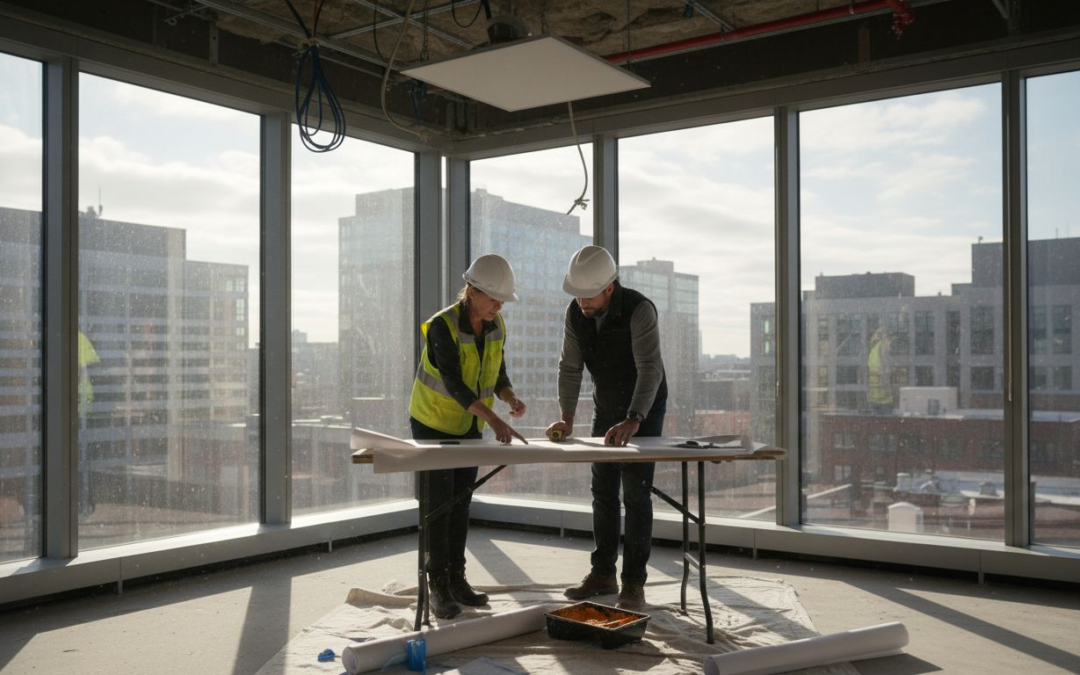 Project manager reviews office renovation progress