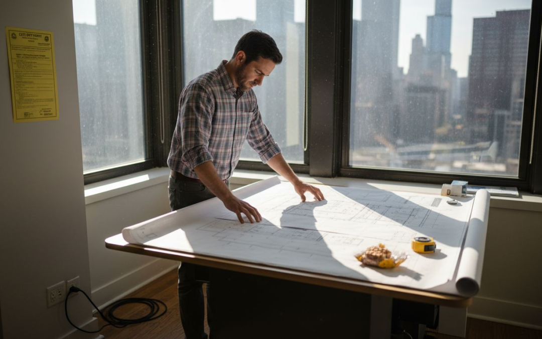 Manager reviews office renovation blueprints by window