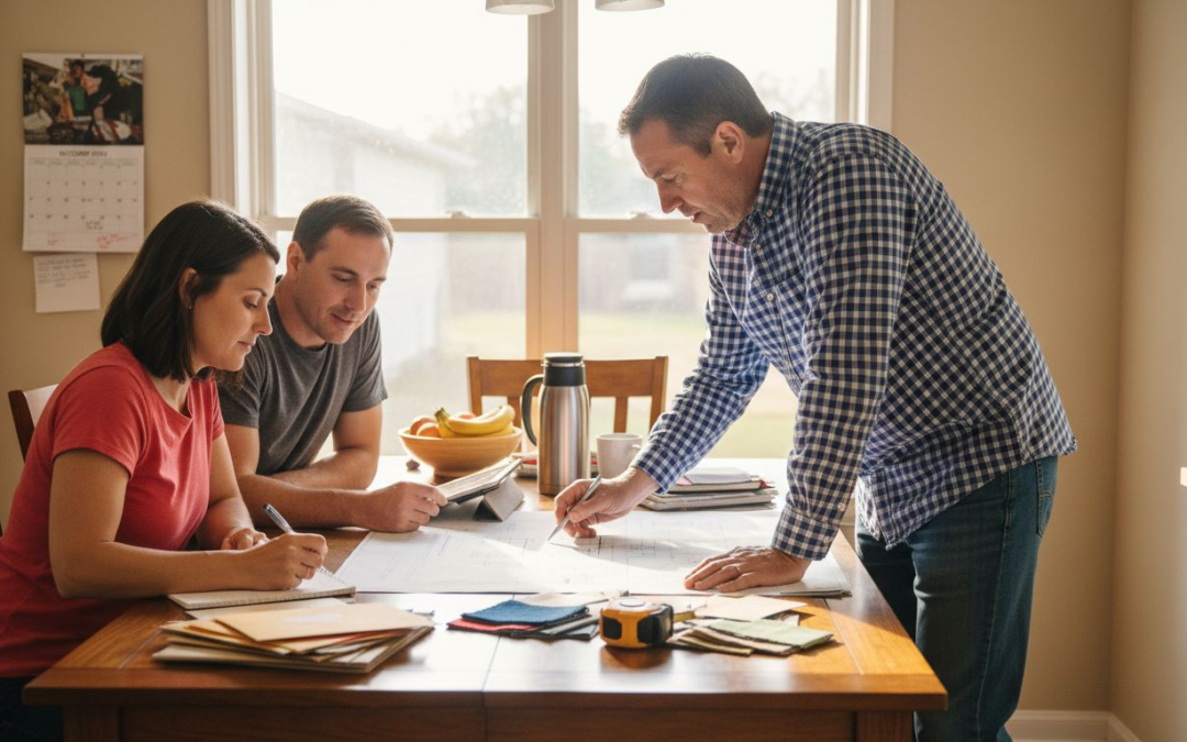 Illinois homeowners meeting contractor with blueprints