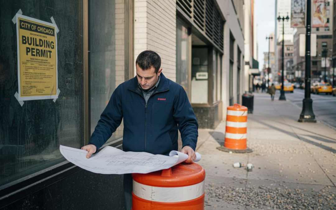 Project manager reviews blueprints at Chicago remodel