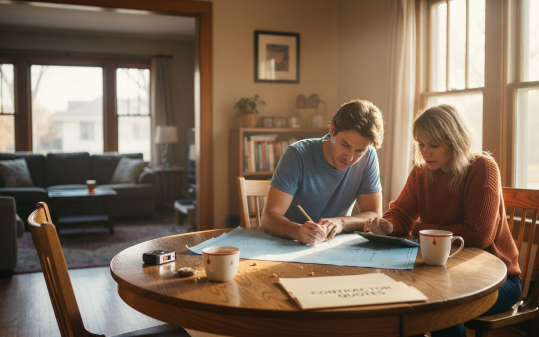 Homeowners planning Illinois renovation at table