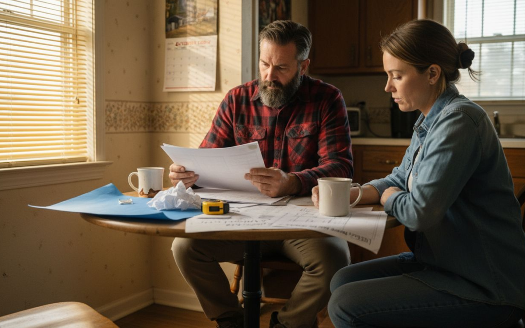 Contractor and homeowner reviewing free estimate at kitchen table