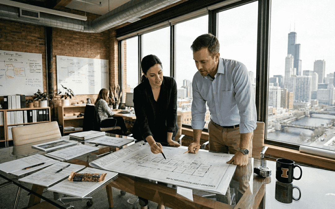 Manager reviewing blueprints in remodeled Chicago office