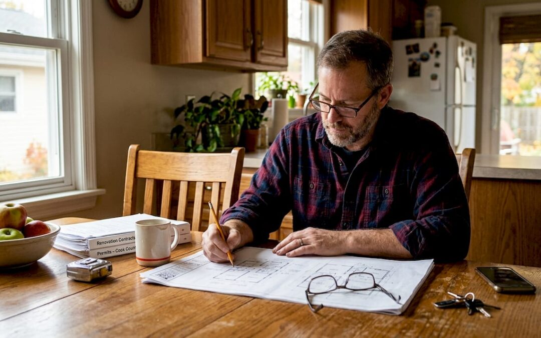 Homeowner reviewing renovation plans at kitchen table