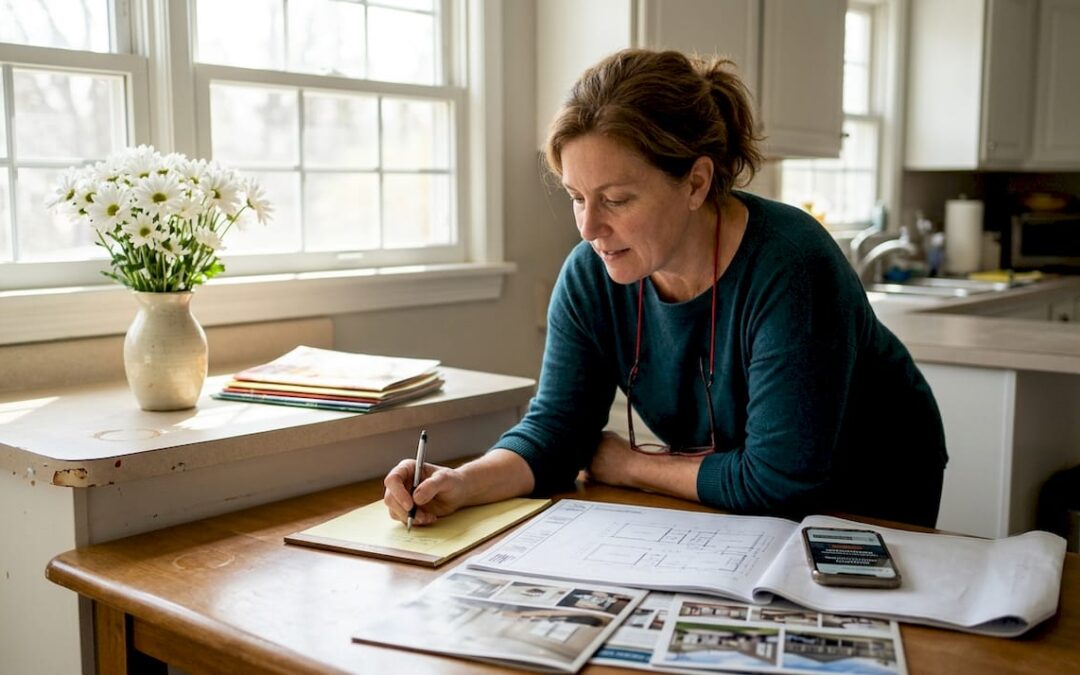 Homeowner reviews renovation plans in kitchen