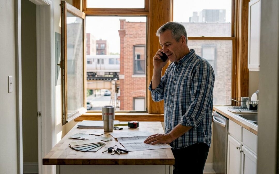 Landlord reviewing apartment kitchen renovation plans