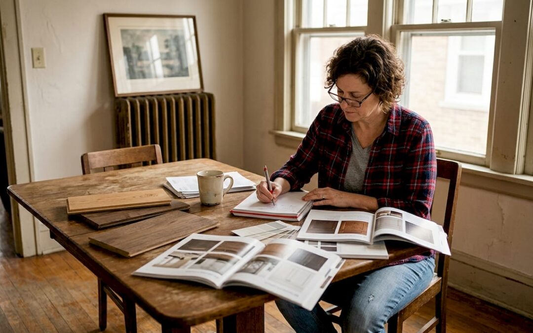Homeowner reviewing remodel samples in bungalow