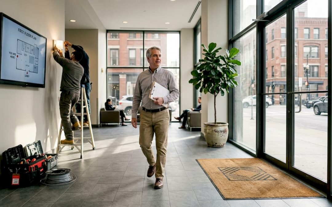 Manager observing commercial lobby upgrade