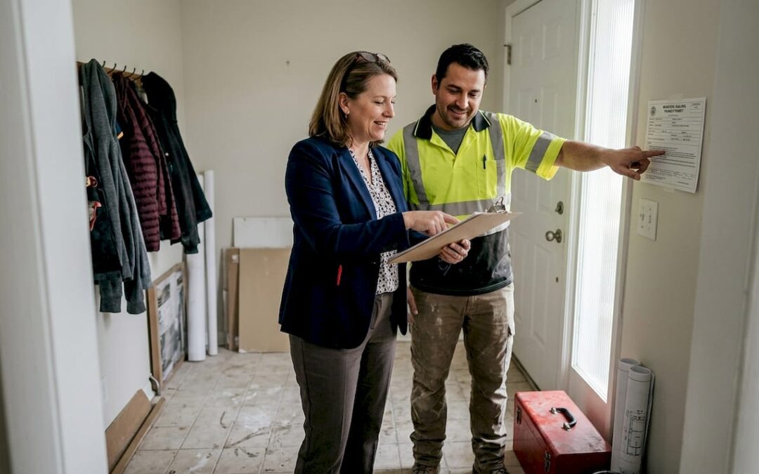Inspector and manager reviewing home renovation paperwork