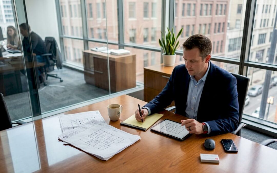 Property manager reviewing renovation plans in office