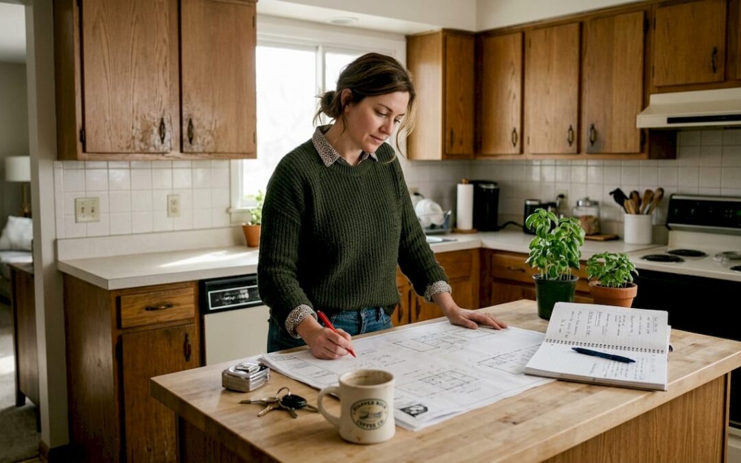 Homeowner reviewing renovation plans in kitchen