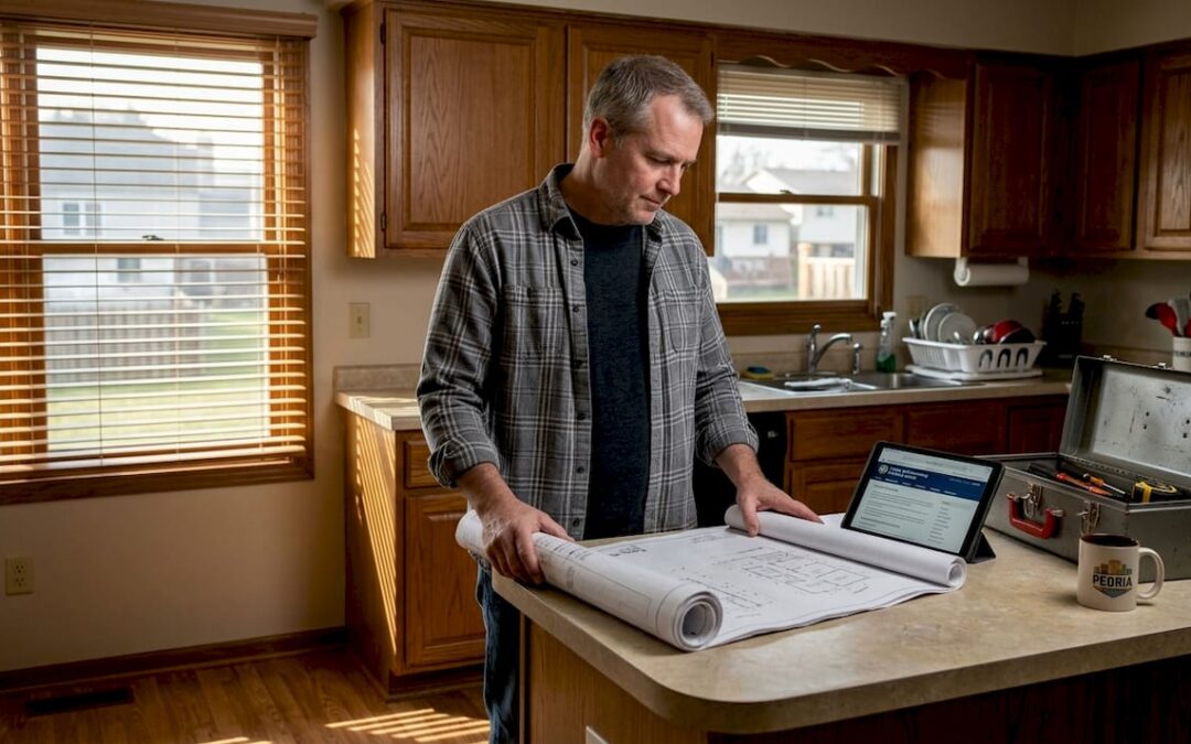 Homeowner reviews building plans in Illinois kitchen
