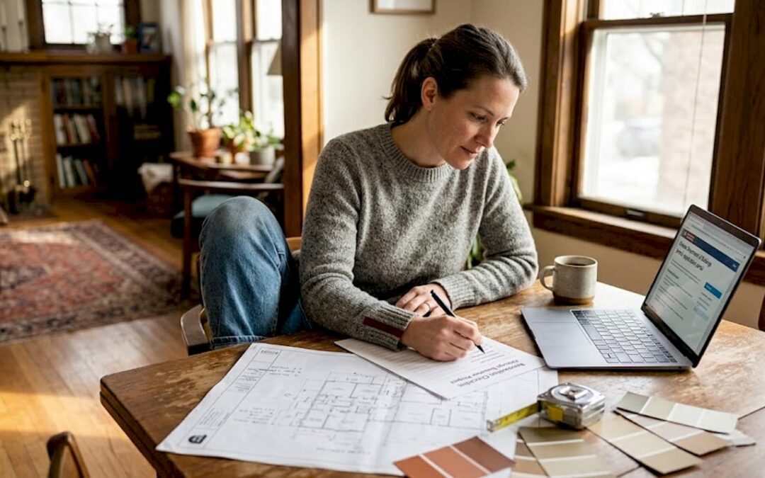 Homeowner reviewing renovation plan at dining table