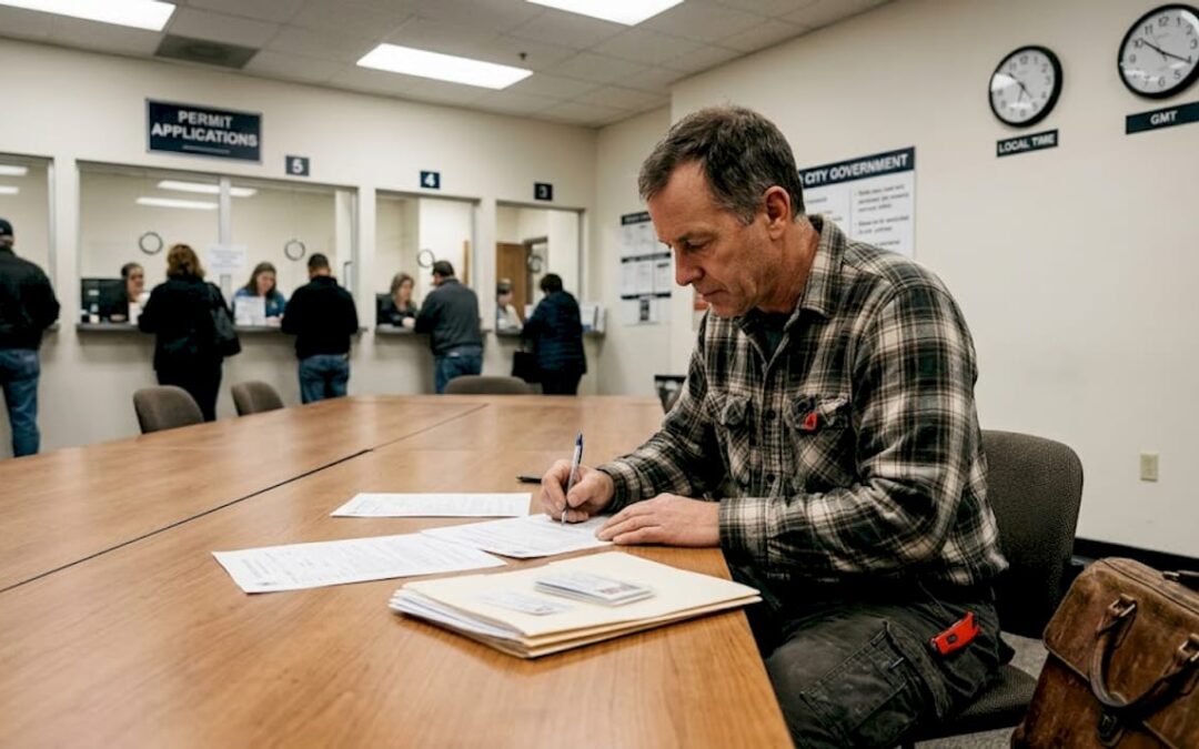 Contractor completing license paperwork at office