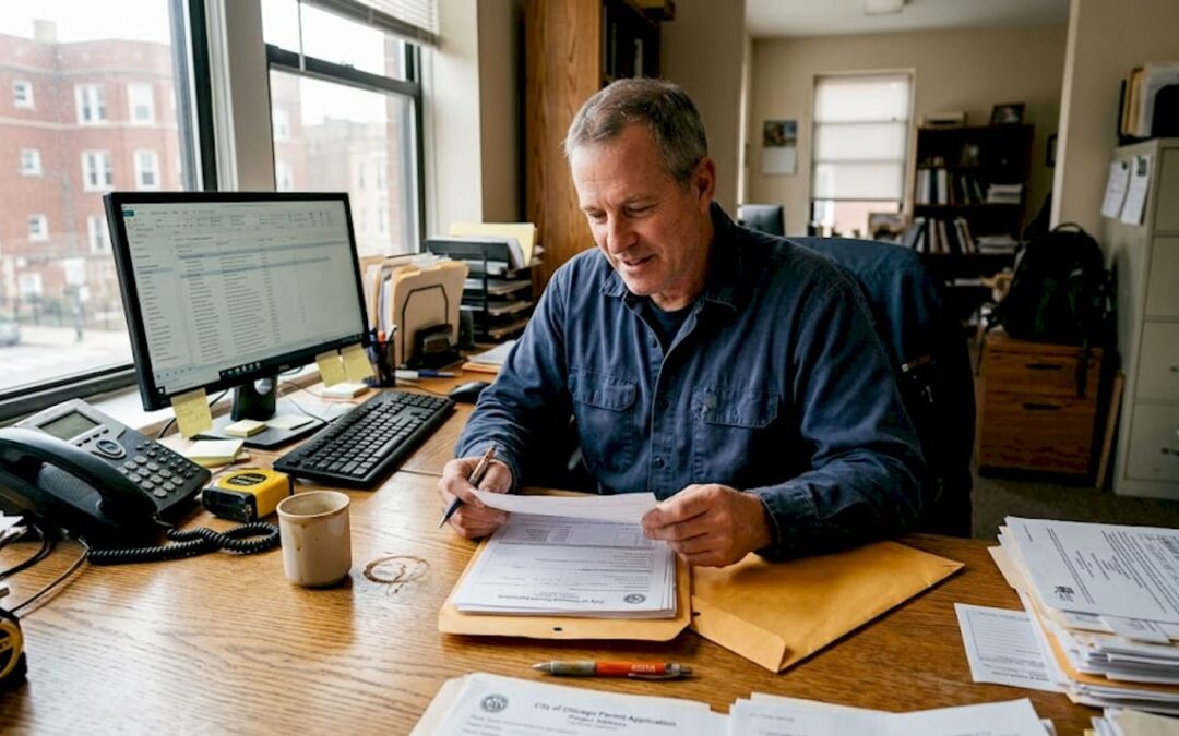 Illinois contractor reviewing documents in office