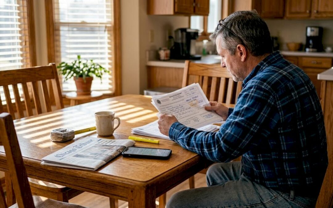 Contractor reviews paperwork in Illinois kitchen