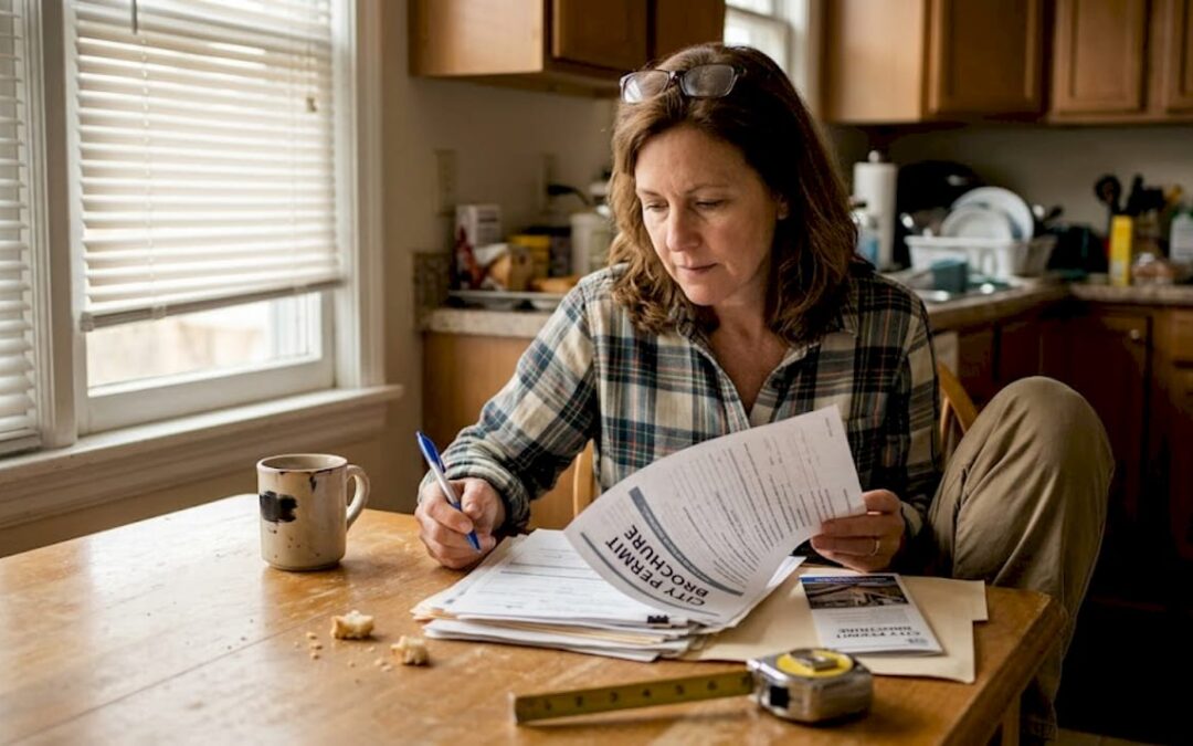 Homeowner checking contractor credentials at table