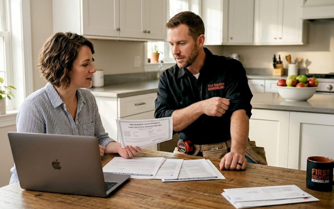 Homeowner and contractor review insurance documents