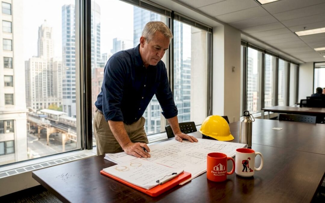 Manager reviewing office renovation plans by window