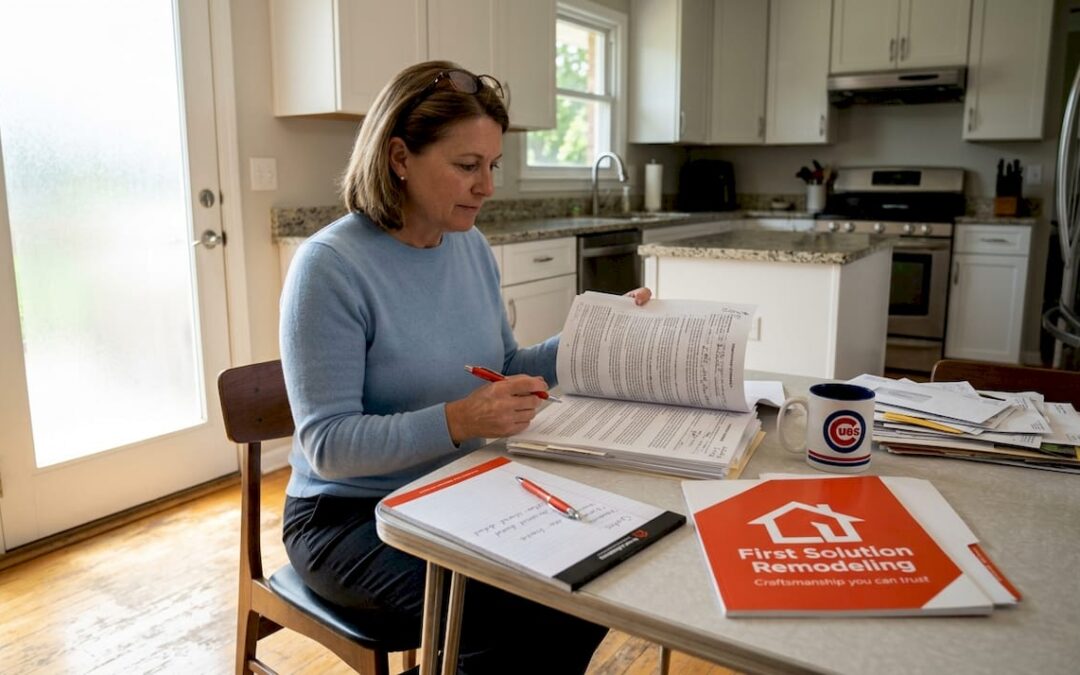 Woman reviewing renovation warranty contract in kitchen