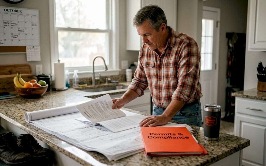 Contractor reviewing remodeling plans in Illinois home